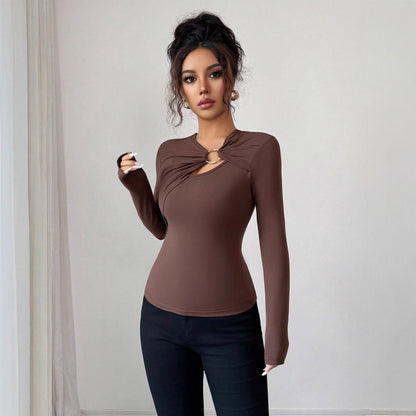 Asymmetric Hollow Metal Trim Slim Top - Elegant Long Sleeve Pullover – Minimal Elegance | The Simple Co – Practical cottage, minimalist style, quiet luxury aesthetic, modern essential – The Simple Co.