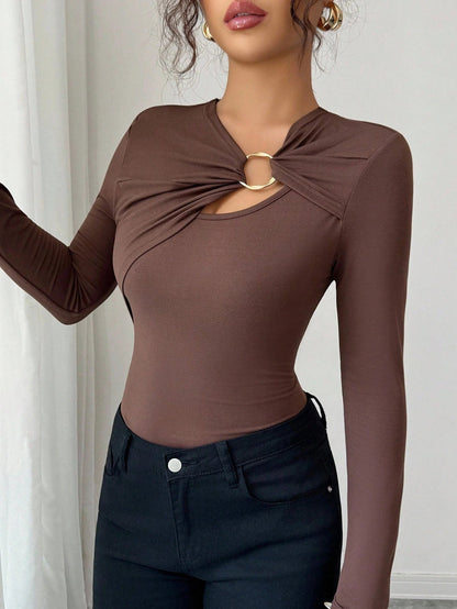 Asymmetric Hollow Metal Trim Slim Top - Elegant Long Sleeve Pullover – Minimal Elegance | The Simple Co – Practical cottage, minimalist style, quiet luxury aesthetic, modern essential – The Simple Co.