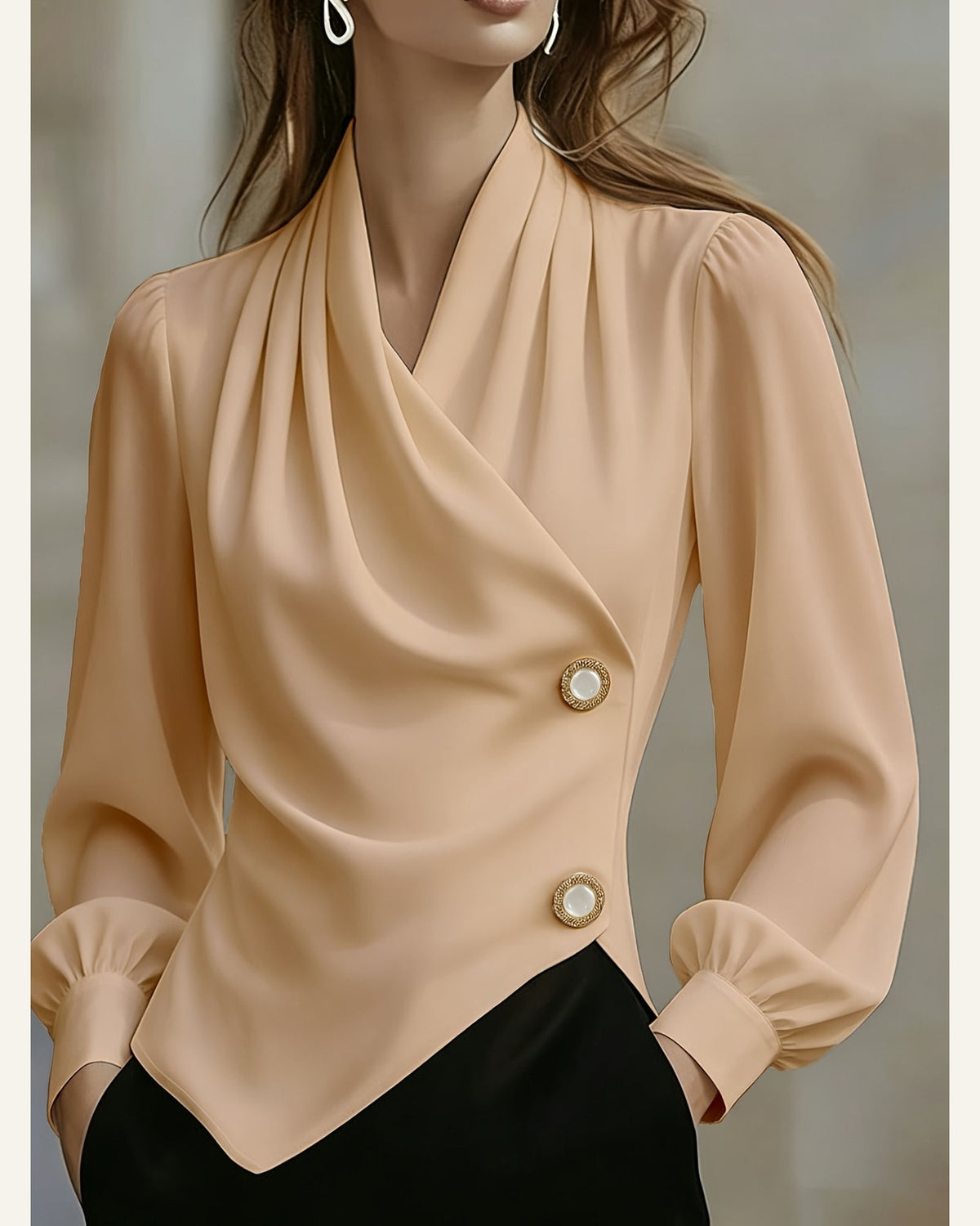 Asymmetric Pearl-Button Long-Sleeve Blouse — Apricot