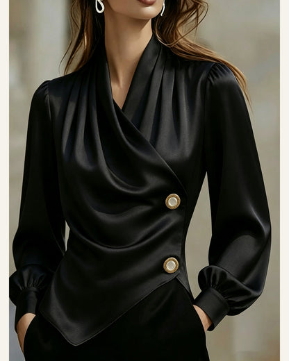 Asymmetric Pearl-Button Long-Sleeve Blouse — Black
