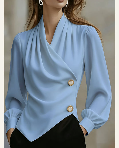Asymmetric Pearl-Button Long-Sleeve Blouse — Light Blue
