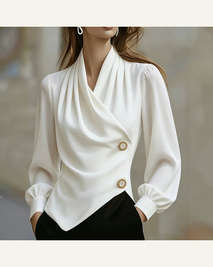 Asymmetric Pearl-Button Long-Sleeve Blouse