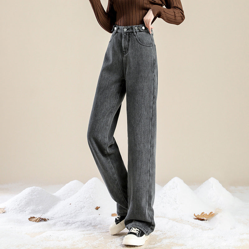 Women's High-Waist Fleece-Lined Jeans - 2026 Winter Collection Casual Denim Pants