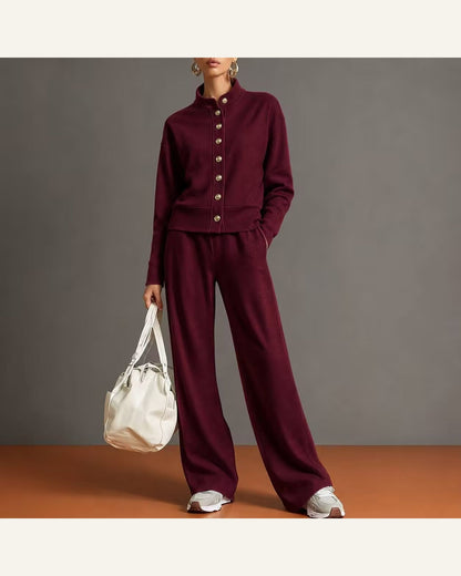 Stand-Collar Cardigan & Wide-Leg Pant Set — seasonal color view