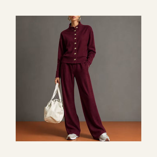Stand-Collar Cardigan & Wide-Leg Pant Set in wine red, front view on a model