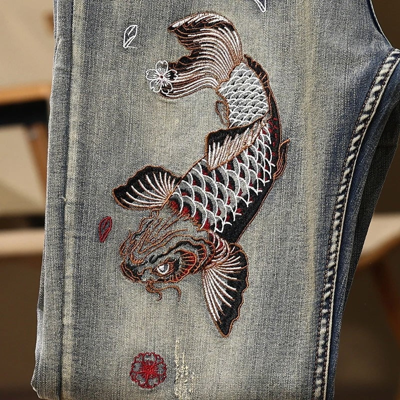 Embroidered Straight-Fit Stretch Denim Jeans for Men