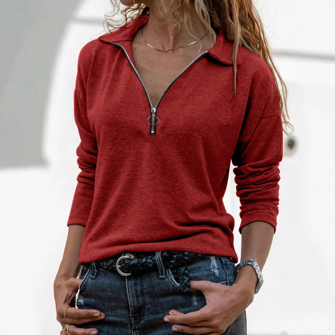 Fabric Lapel Zipper Casual Long Sleeve