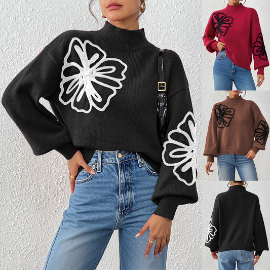 3D Ribbon Embroidery Flower Mock Neck