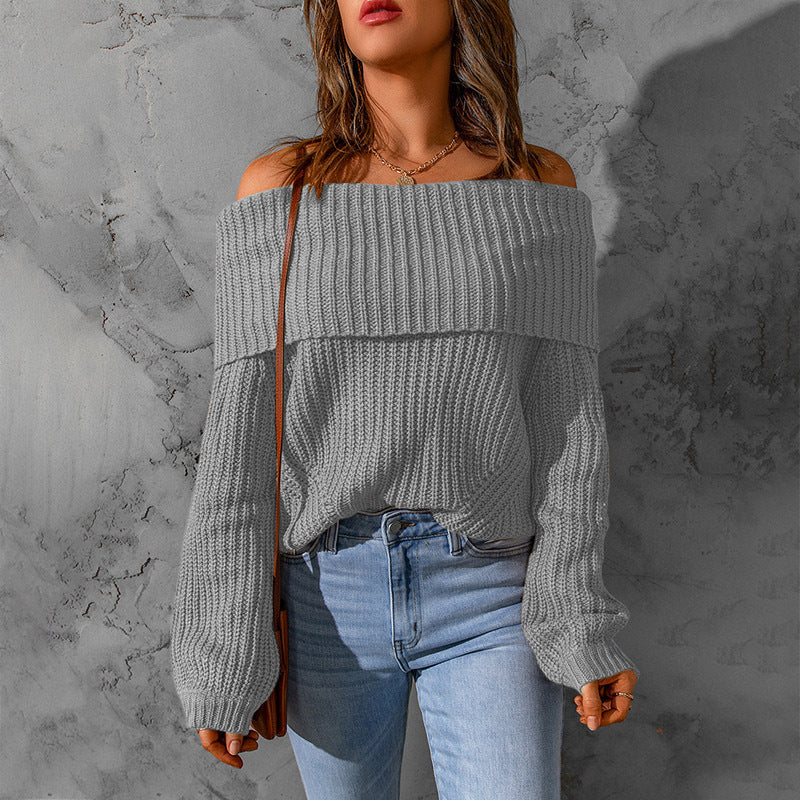 Women's Off-Shoulder Textured Knit Sweater - 2026 Winter Collection Long Sleeve Top