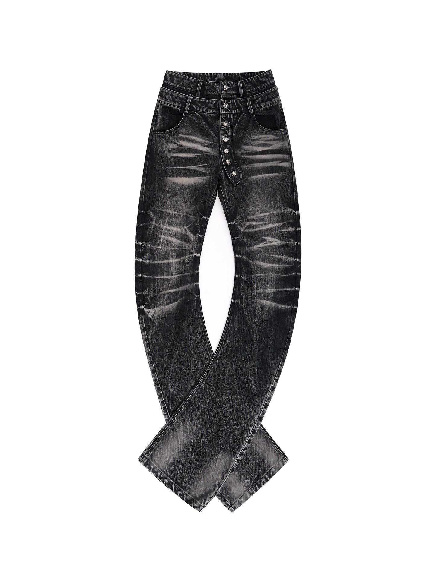 Bamboo-Stripe Double-Waist Metal Button Cat-Foot Denim Jeans