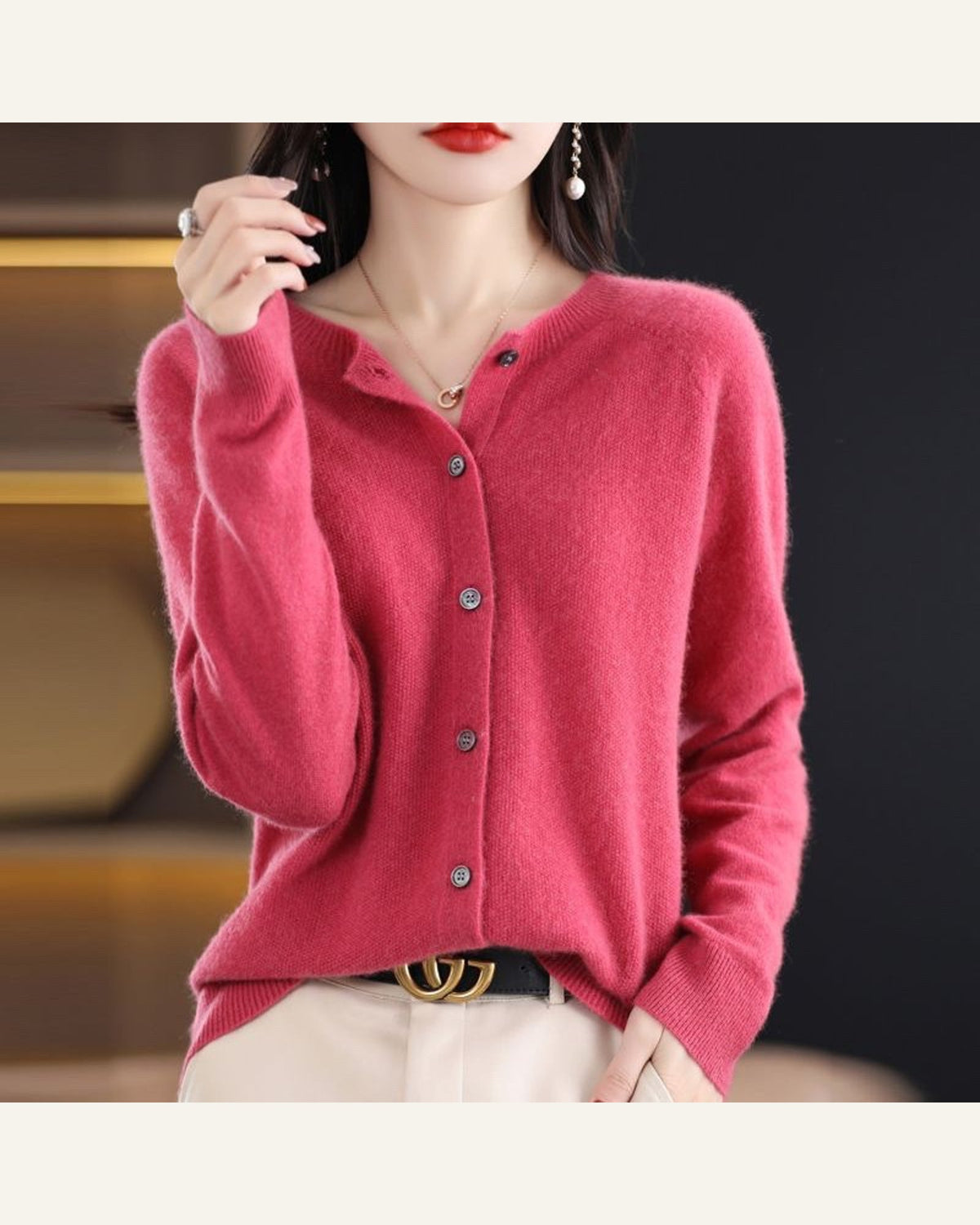 Classic Wool Crew-Neck Cardigan — Raspberry Pink