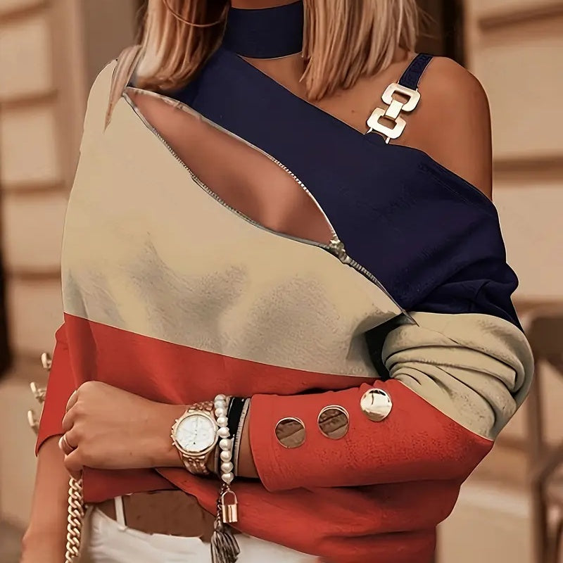 Women's Zip-Front Color-Block Blouse