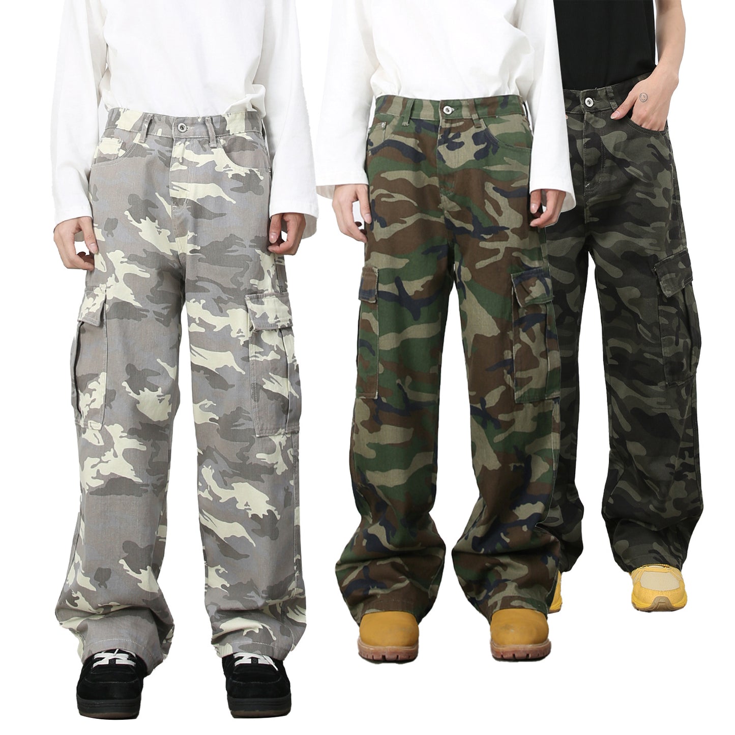 Retro Camo Cargo Denim Jeans with Big Pockets for Men