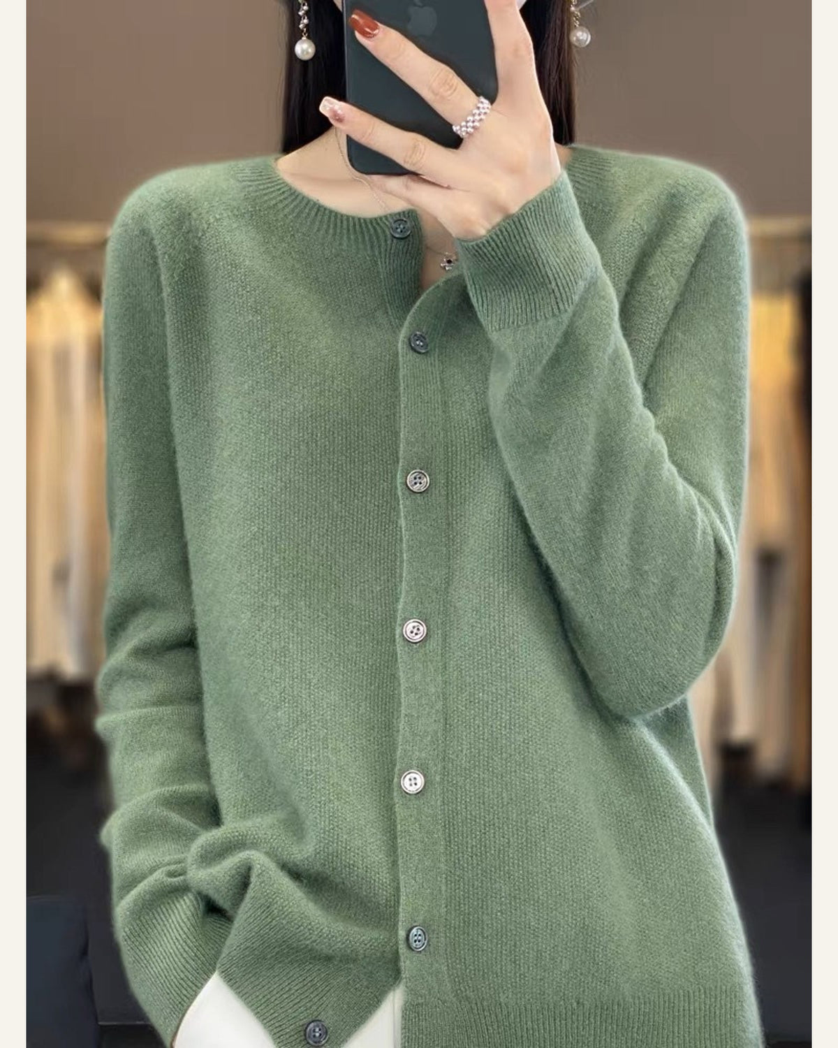 Classic Wool Crew-Neck Cardigan — Pine Green