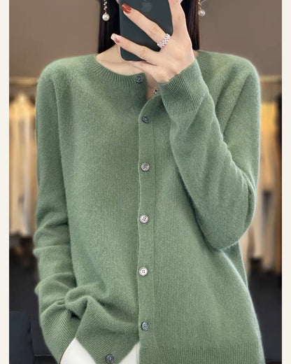 Classic Wool Crew-Neck Cardigan — Pine Green