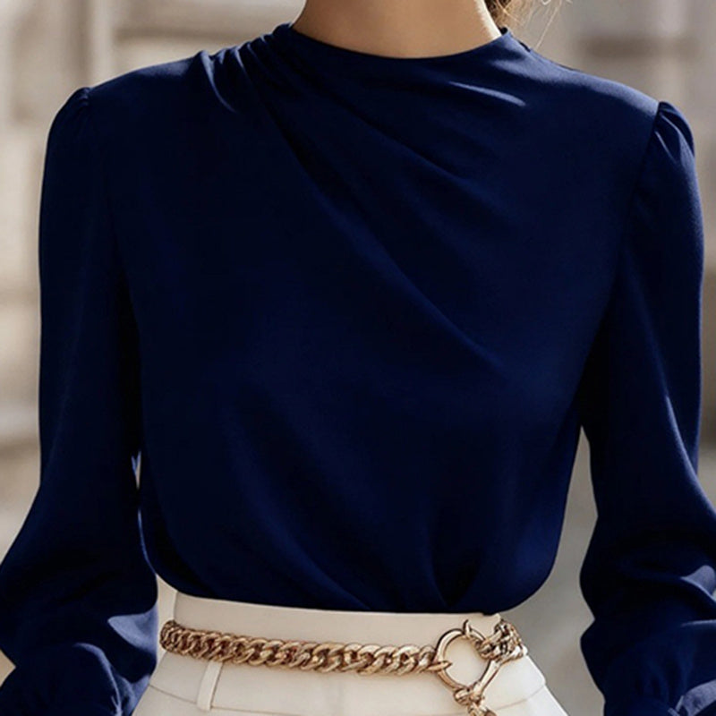 Women's Pleated Long Sleeve Blouse, Round