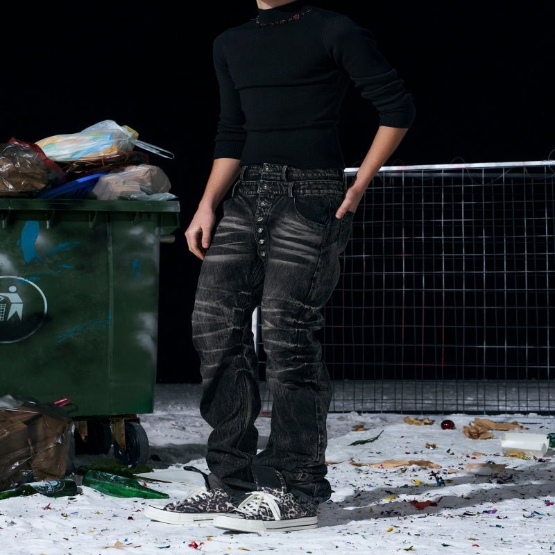 Bamboo - Stripe Double - Waist Metal Button Cat - Foot Denim Jeans – Minimal Elegance | The Simple Co – Men’s Bottoms, minimalist style, quiet luxury aesthetic, modern essential – The Simple Co.