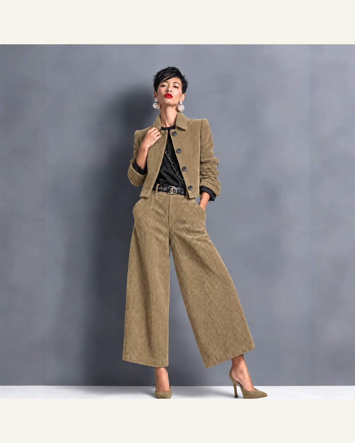 Corduroy Cropped Jacket & Wide-Leg Pant Set — close-up detail