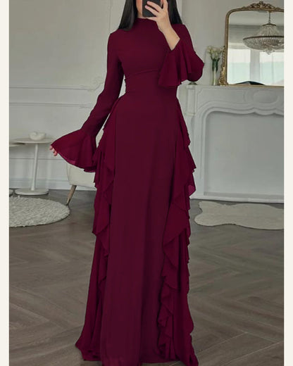 Flare-Sleeve A-Line Dress — Wine Red