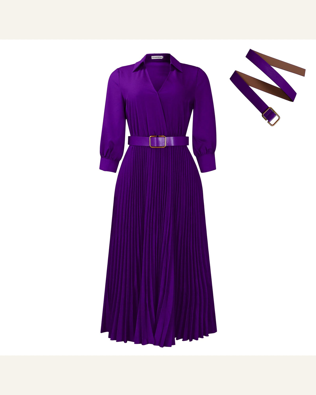 Belted V-Neck Long-Sleeve A-Line Dress — Purple