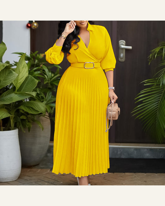 Belted V-Neck Long-Sleeve A-Line Dress
