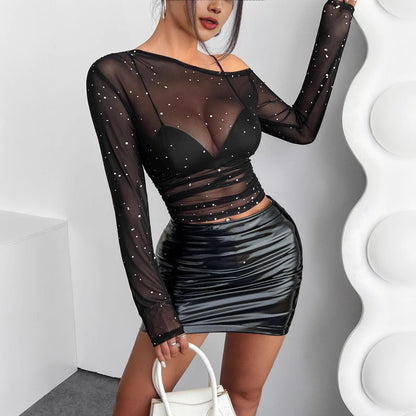 Black Sequin Mesh Asymmetrical - Neck Long - Sleeve Top – Minimal Elegance | The Simple Co – Women's Tops, minimalist style, quiet luxury aesthetic, modern essential – The Simple Co.