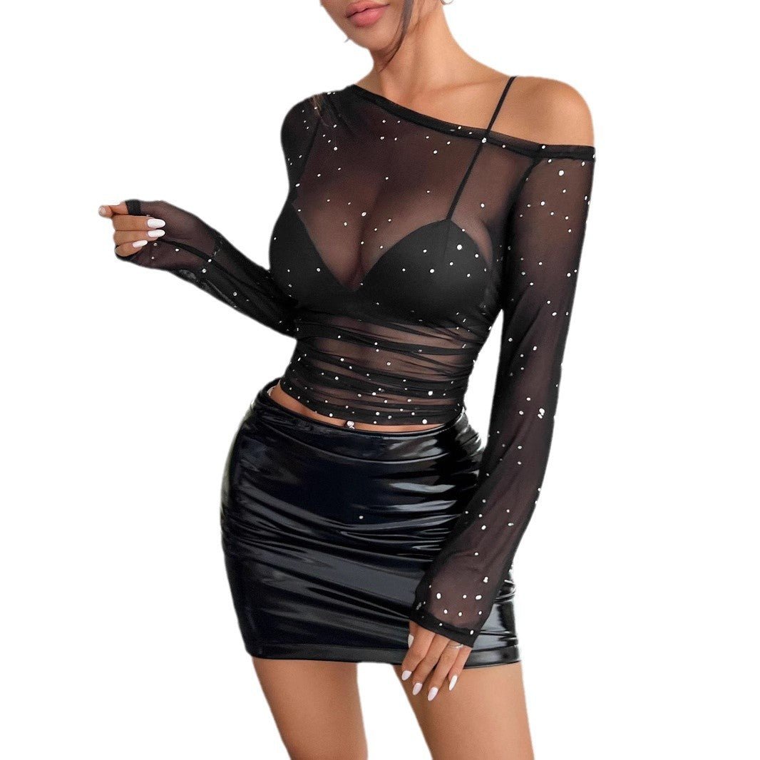 Black Sequin Mesh Asymmetrical - Neck Long - Sleeve Top – Minimal Elegance | The Simple Co – Women's Tops, minimalist style, quiet luxury aesthetic, modern essential – The Simple Co.