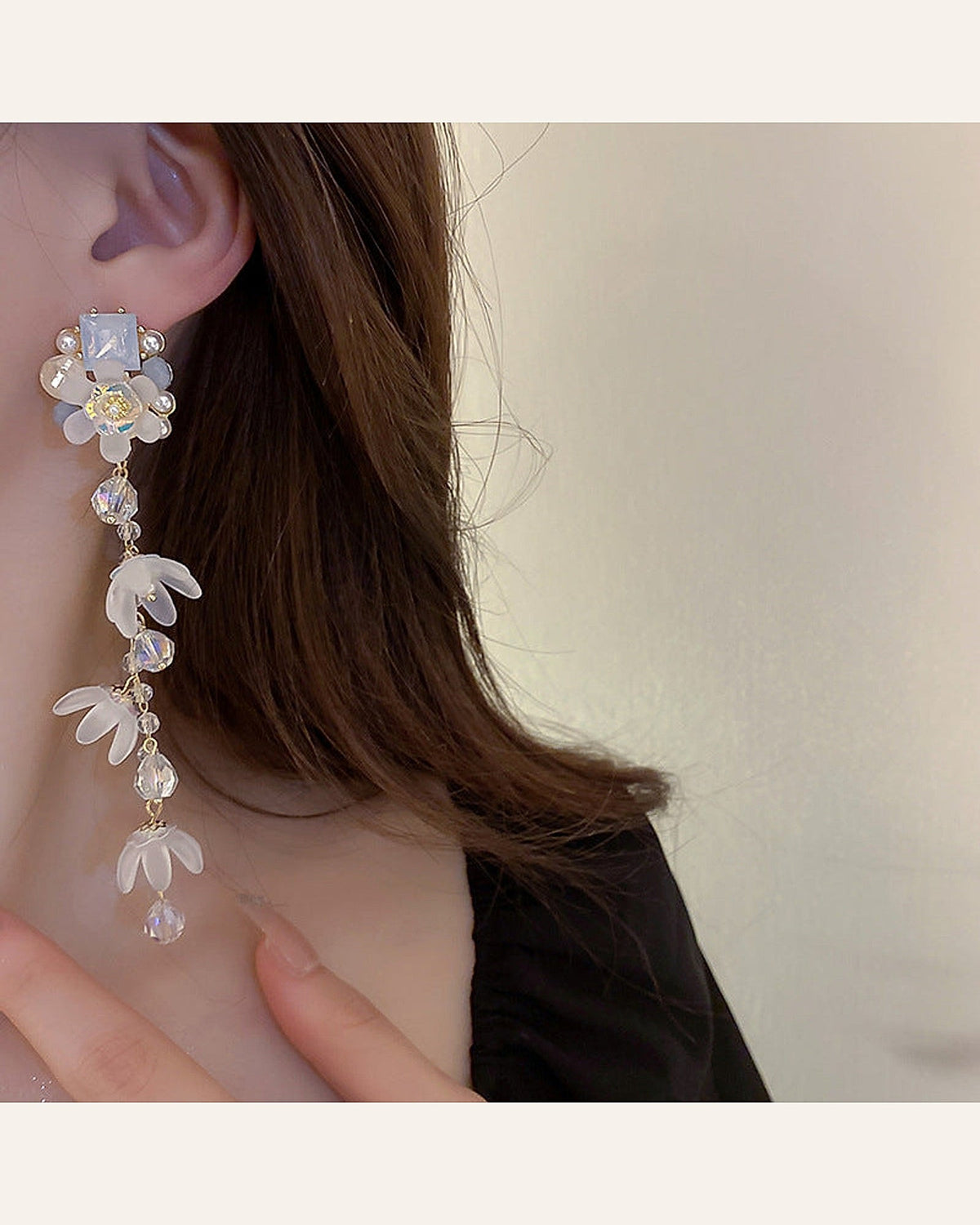 Blue Pearl & Crystal Floral Tassel Earrings — warm ivory product cover