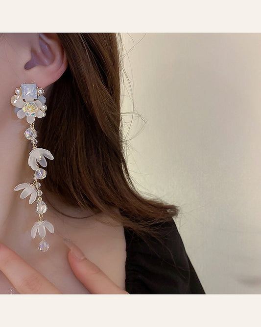 Blue Pearl & Crystal Floral Tassel Earrings — warm ivory product cover