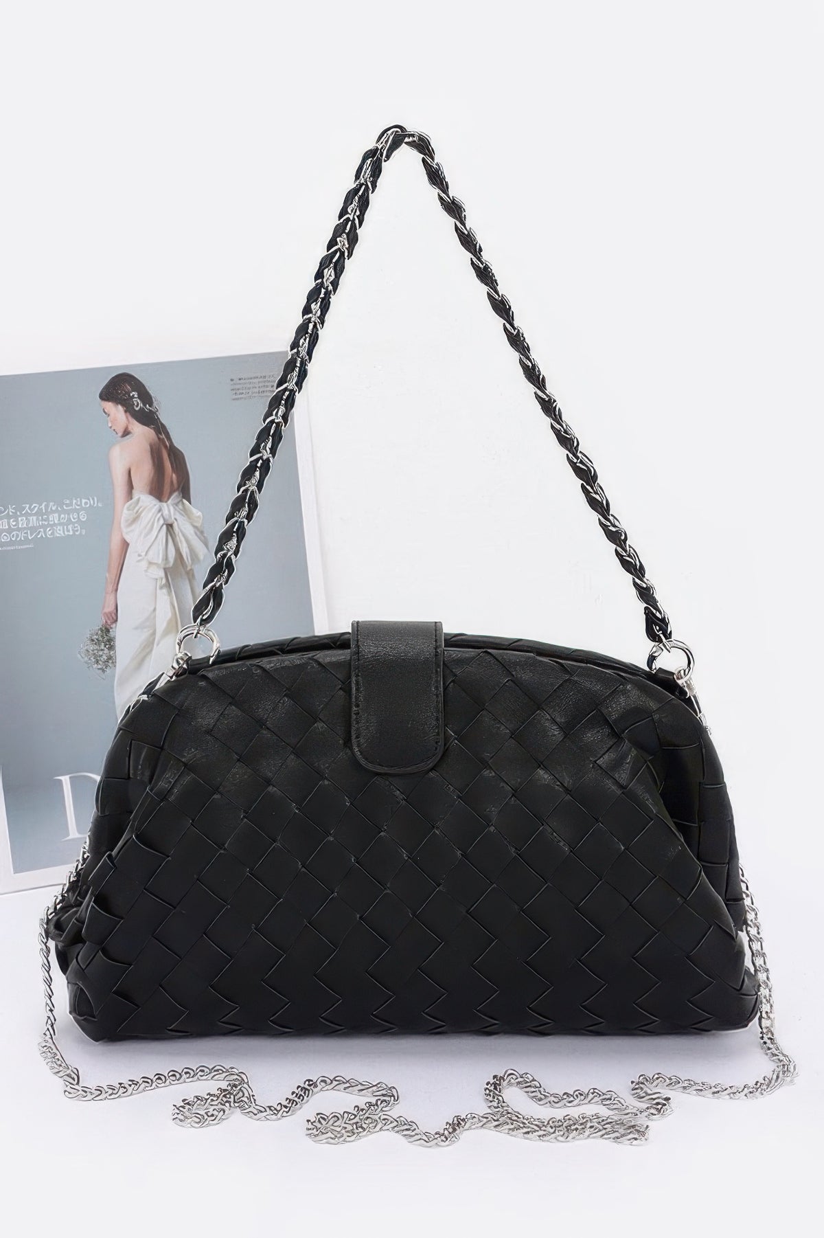 Black braided frame shoulder handbag