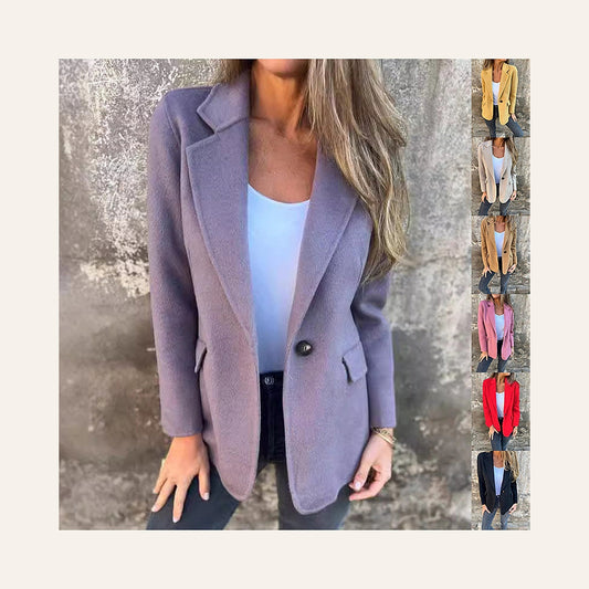 Button-Front Cropped Lapel Blazer in purple, front view on a model