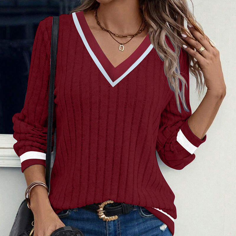Women's Casual V-Neck Color-Block Top, Long Sleeve Comfortable Blouse For Everyday Autumn And Winter Wear
