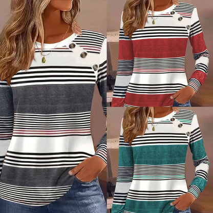 Casual Button Striped Long Sleeve T-Shirt – Minimal Elegance | The Simple Co – Practical cottage, minimalist style, quiet luxury aesthetic, modern essential – The Simple Co.