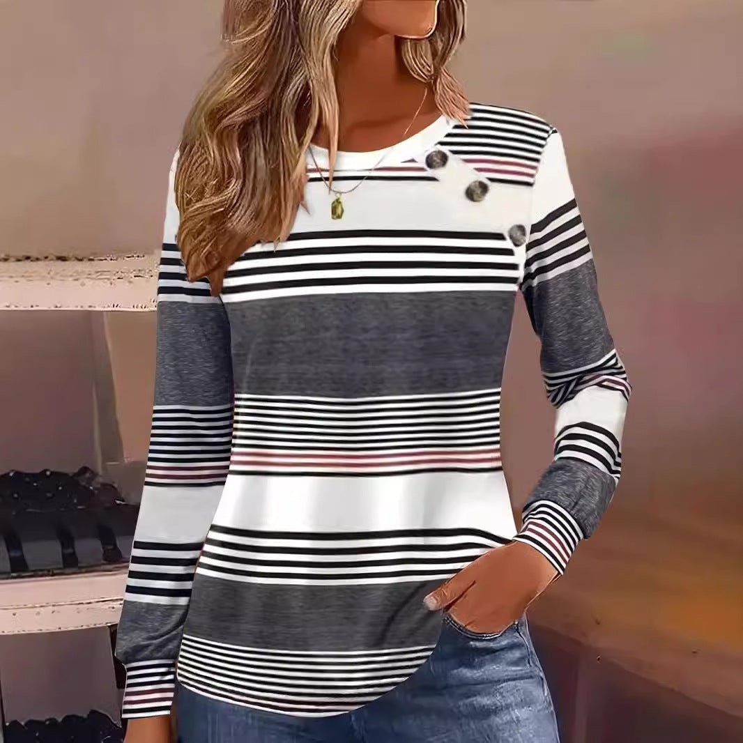 Casual Button Striped Long Sleeve T-Shirt – Minimal Elegance | The Simple Co – Practical cottage, minimalist style, quiet luxury aesthetic, modern essential – The Simple Co.