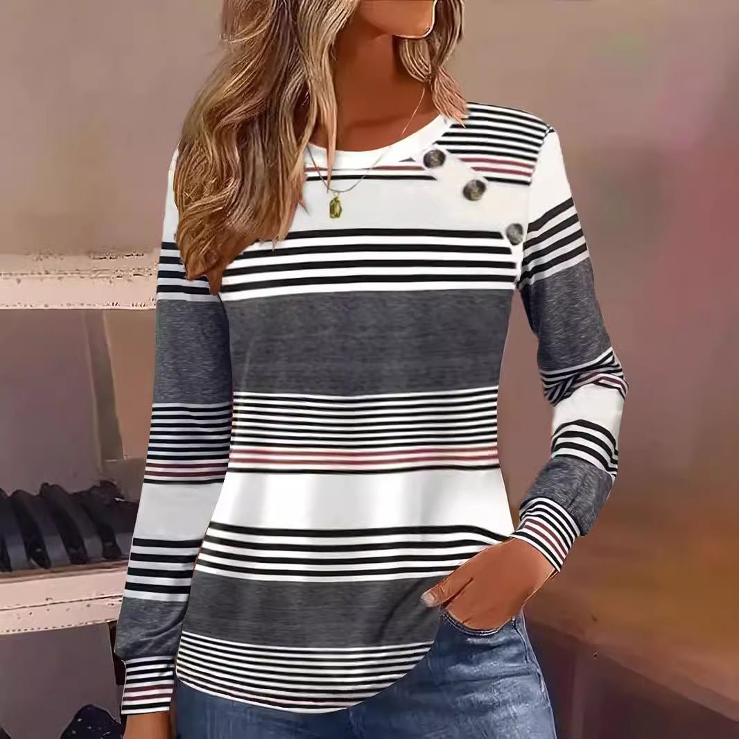 Casual Button Striped Long Sleeve T-Shirt – Minimal Elegance | The Simple Co – Practical cottage, minimalist style, quiet luxury aesthetic, modern essential – The Simple Co.