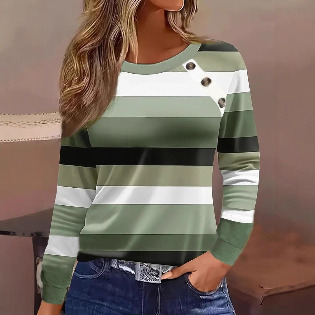 Casual Button Striped Long Sleeve T-Shirt – Minimal Elegance | The Simple Co – Practical cottage, minimalist style, quiet luxury aesthetic, modern essential – The Simple Co.