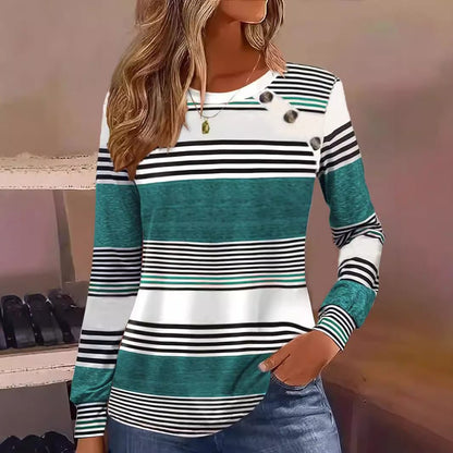 Casual Button Striped Long Sleeve T-Shirt – Minimal Elegance | The Simple Co – Practical cottage, minimalist style, quiet luxury aesthetic, modern essential – The Simple Co.