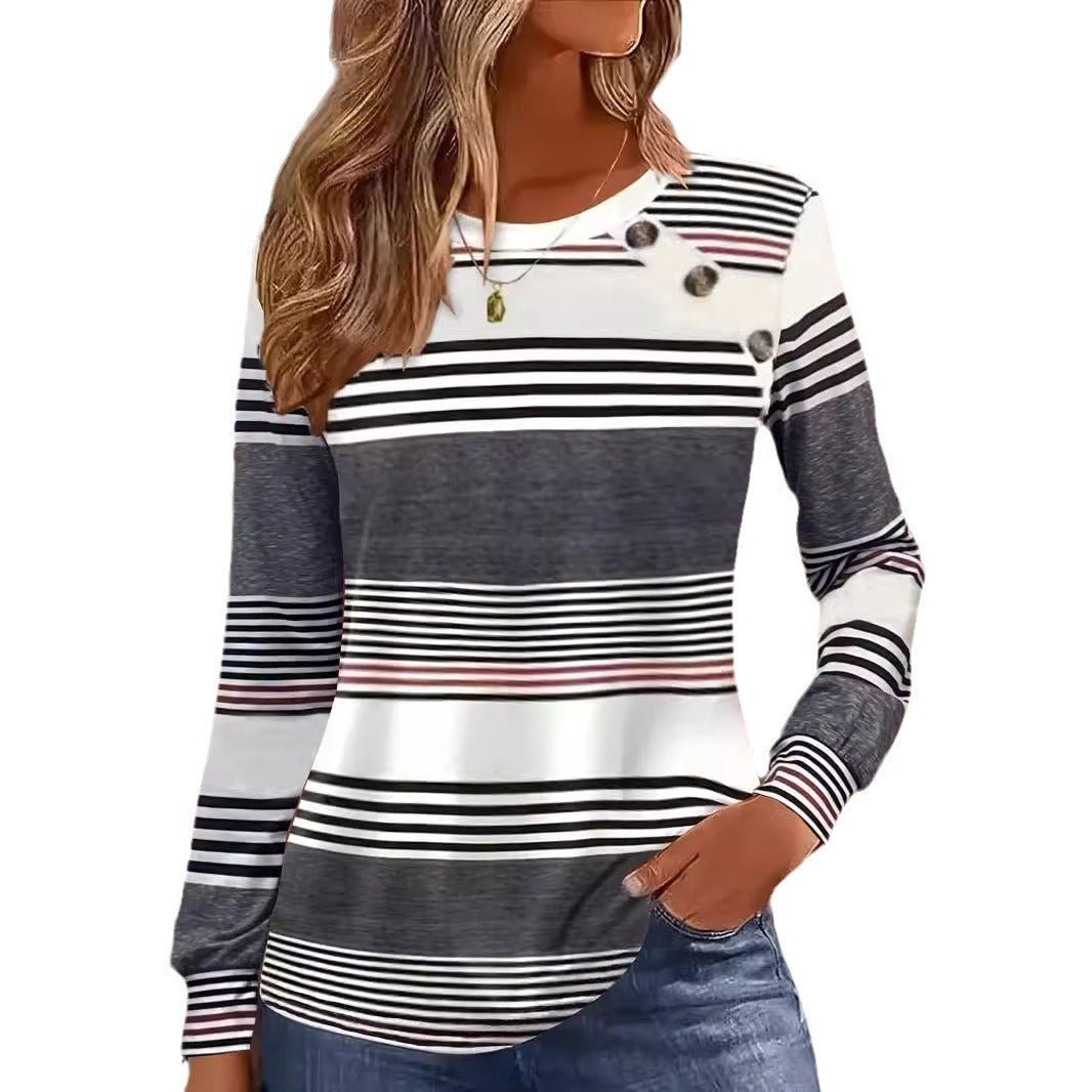 Casual Button Striped Long Sleeve T-Shirt – Minimal Elegance | The Simple Co – Practical cottage, minimalist style, quiet luxury aesthetic, modern essential – The Simple Co.