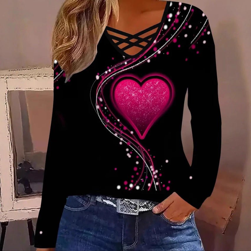 Casual Long Sleeve Top With A Heart Patterned V Neck – Minimal Elegance | The Simple Co – Women's Tops, minimalist style, quiet luxury aesthetic, modern essential – The Simple Co.