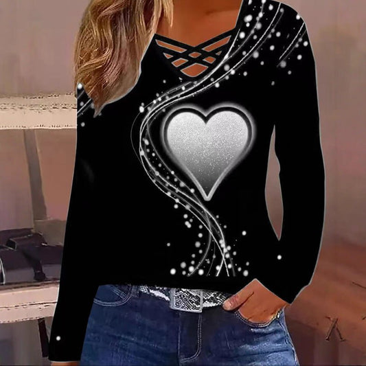 Casual Long Sleeve Top With A Heart Patterned V Neck – Minimal Elegance | The Simple Co – Women's Tops, minimalist style, quiet luxury aesthetic, modern essential – The Simple Co.