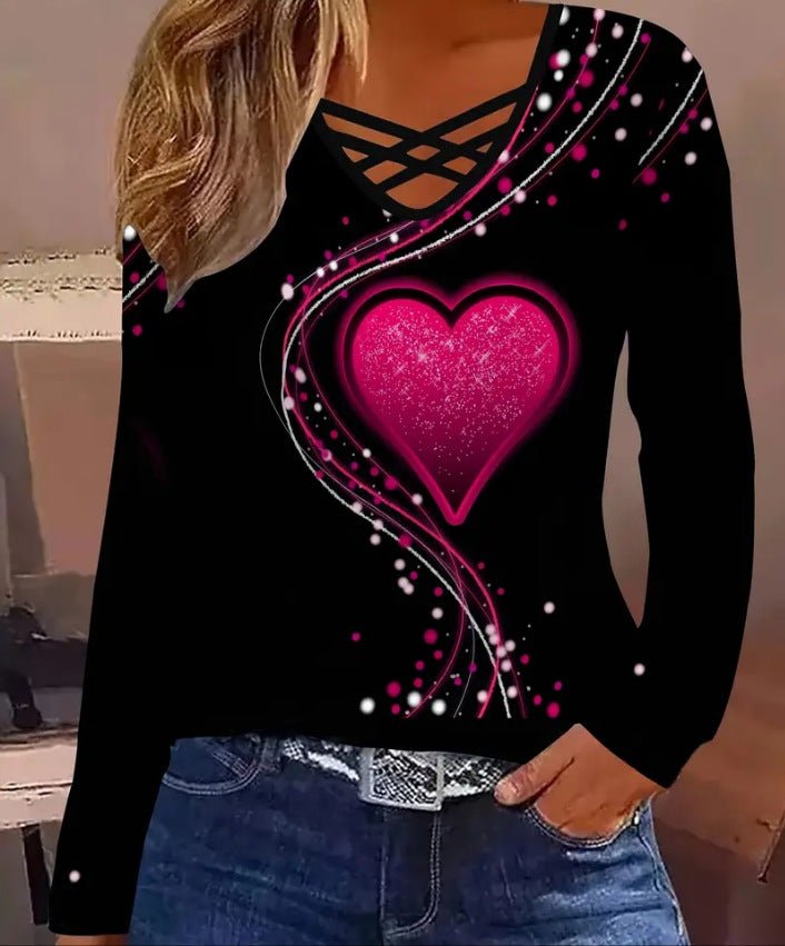 Casual Long Sleeve Top With A Heart Patterned V Neck – Minimal Elegance | The Simple Co – Women's Tops, minimalist style, quiet luxury aesthetic, modern essential – The Simple Co.
