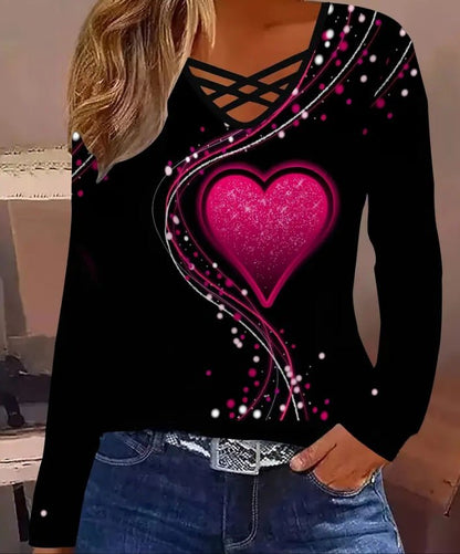 Casual Long Sleeve Top With A Heart Patterned V Neck – Minimal Elegance | The Simple Co – Women's Tops, minimalist style, quiet luxury aesthetic, modern essential – The Simple Co.