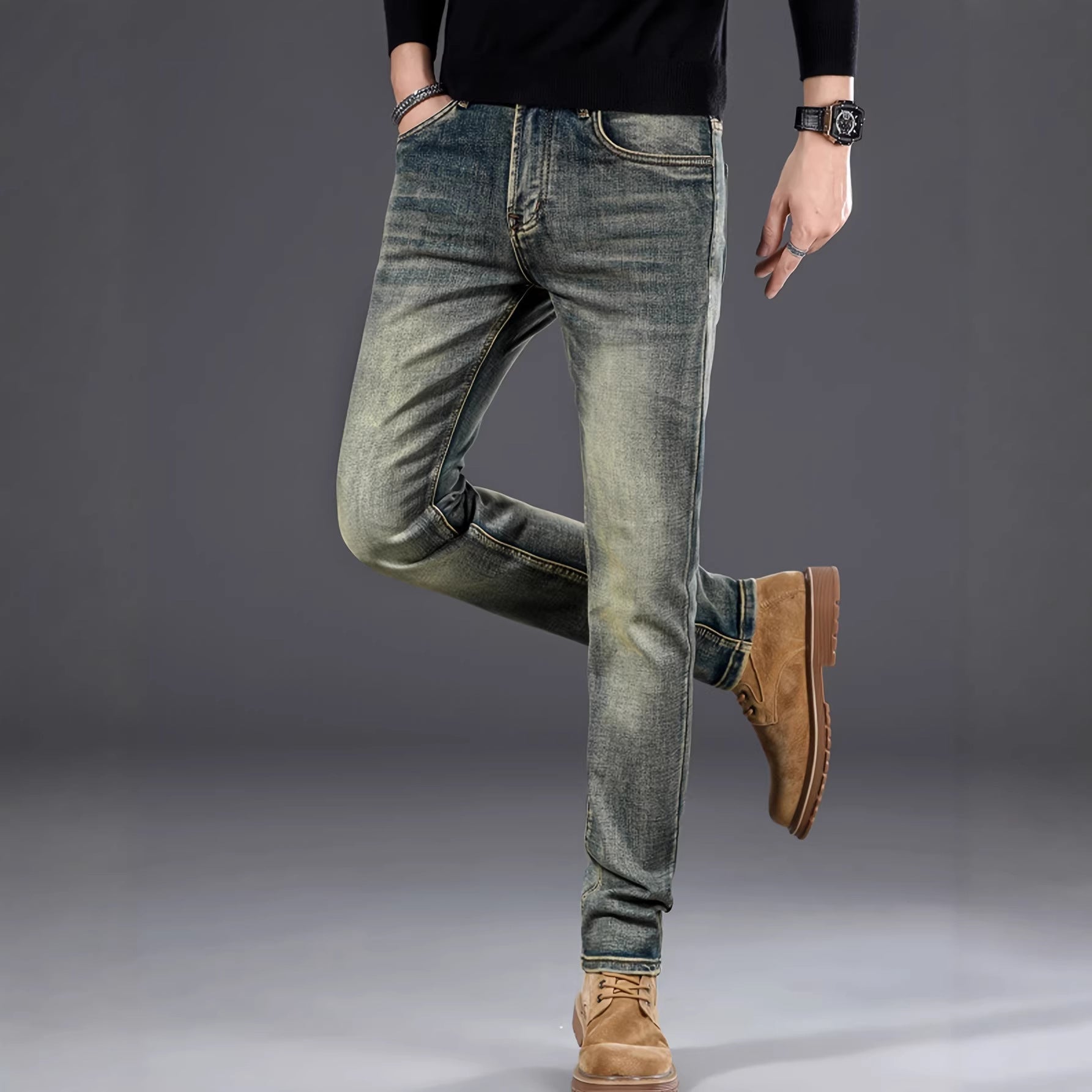 Casual Stretch Slimming Retro Blue Skinny Jeans for Men – Minimal Elegance | The Simple Co – Bottoms, minimalist style, quiet luxury aesthetic, modern essential – The Simple Co.