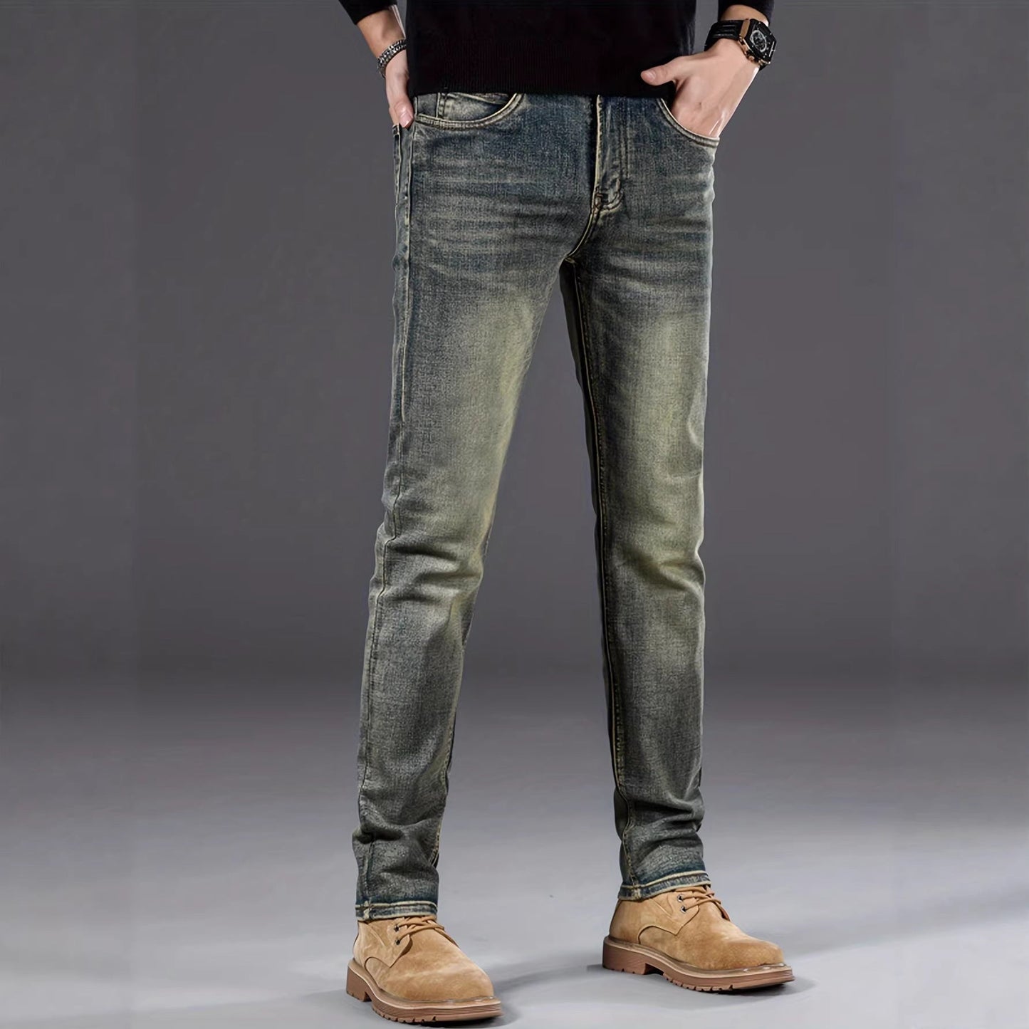 Casual Stretch Slimming Retro Blue Skinny Jeans for Men – Minimal Elegance | The Simple Co – Bottoms, minimalist style, quiet luxury aesthetic, modern essential – The Simple Co.