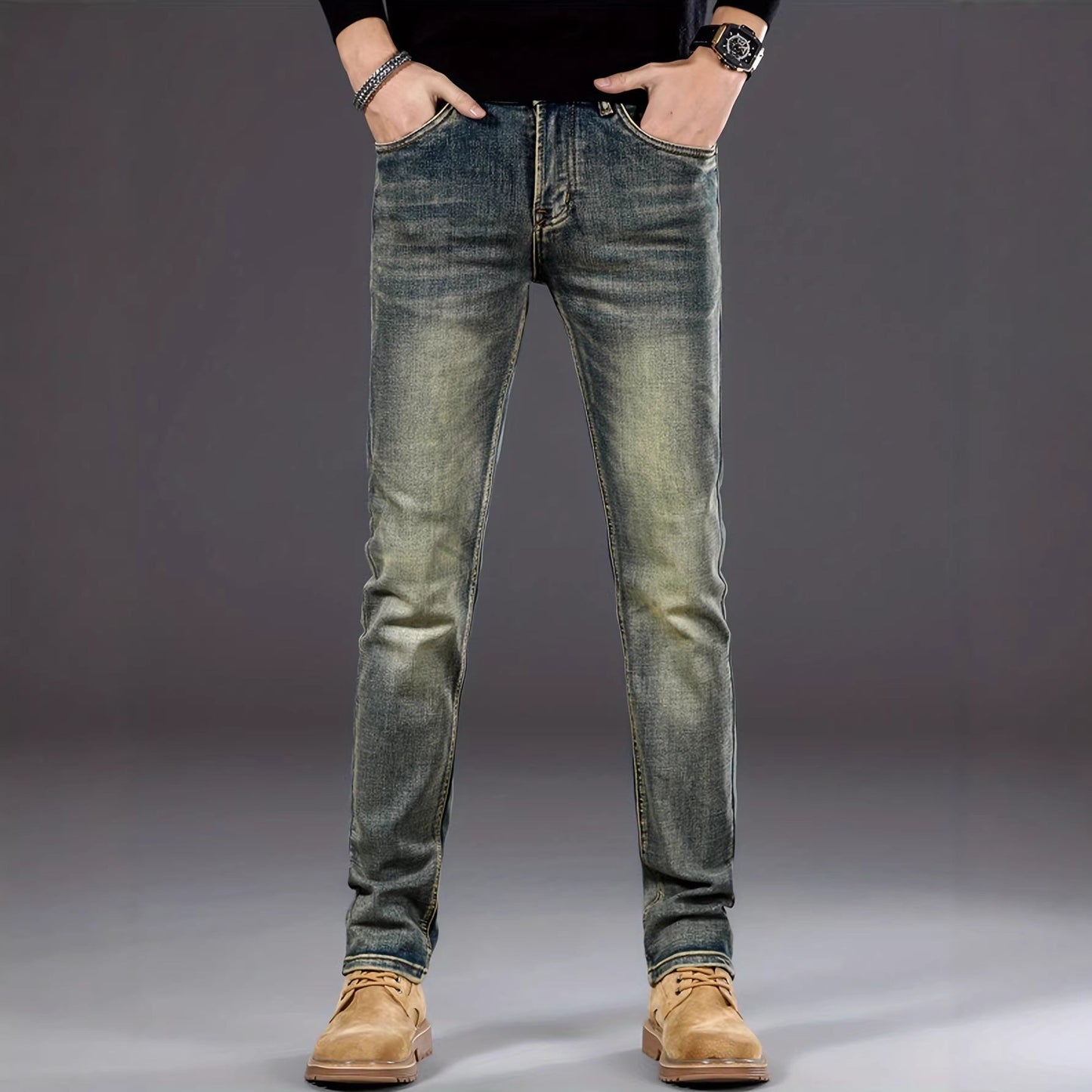 Casual Stretch Slimming Retro Blue Skinny Jeans for Men – Minimal Elegance | The Simple Co – Bottoms, minimalist style, quiet luxury aesthetic, modern essential – The Simple Co.