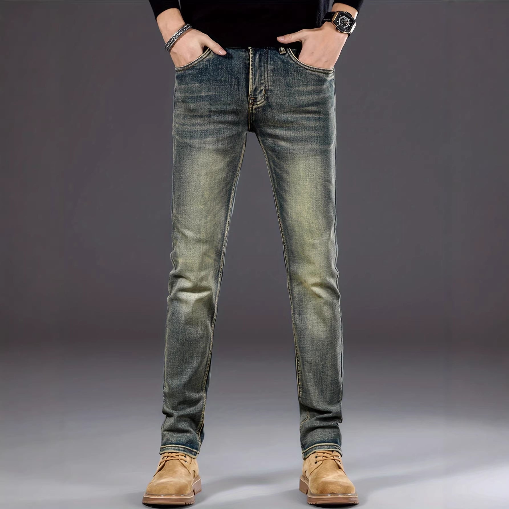 Casual Stretch Slimming Retro Blue Skinny Jeans for Men – Minimal Elegance | The Simple Co – Bottoms, minimalist style, quiet luxury aesthetic, modern essential – The Simple Co.