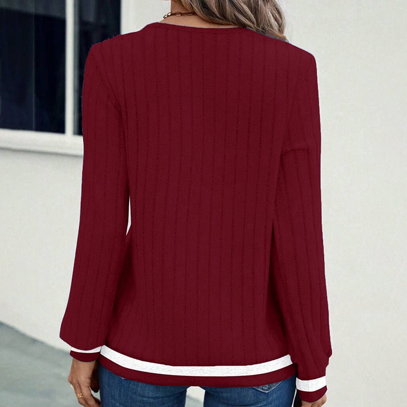 Casual V - Neck Color - Block Top, Long Sleeve Comfortable Blouse For Everyday Autumn And Winter Wear – Minimal Elegance | The Simple Co – Practical cottage, minimalist style, quiet luxury aesthetic, modern essential – The Simple Co.