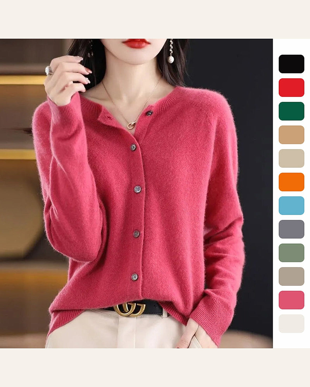 Classic Wool Crew-Neck Cardigan — warm ivory product cover