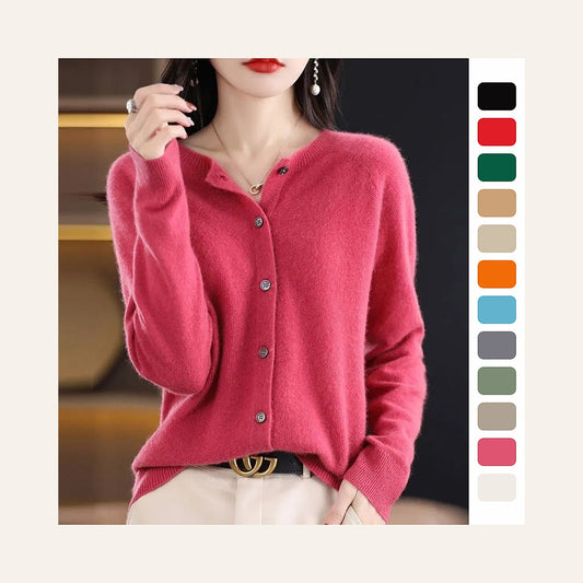 Classic Wool Crew-Neck Cardigan in raspberry pink, front view on a model