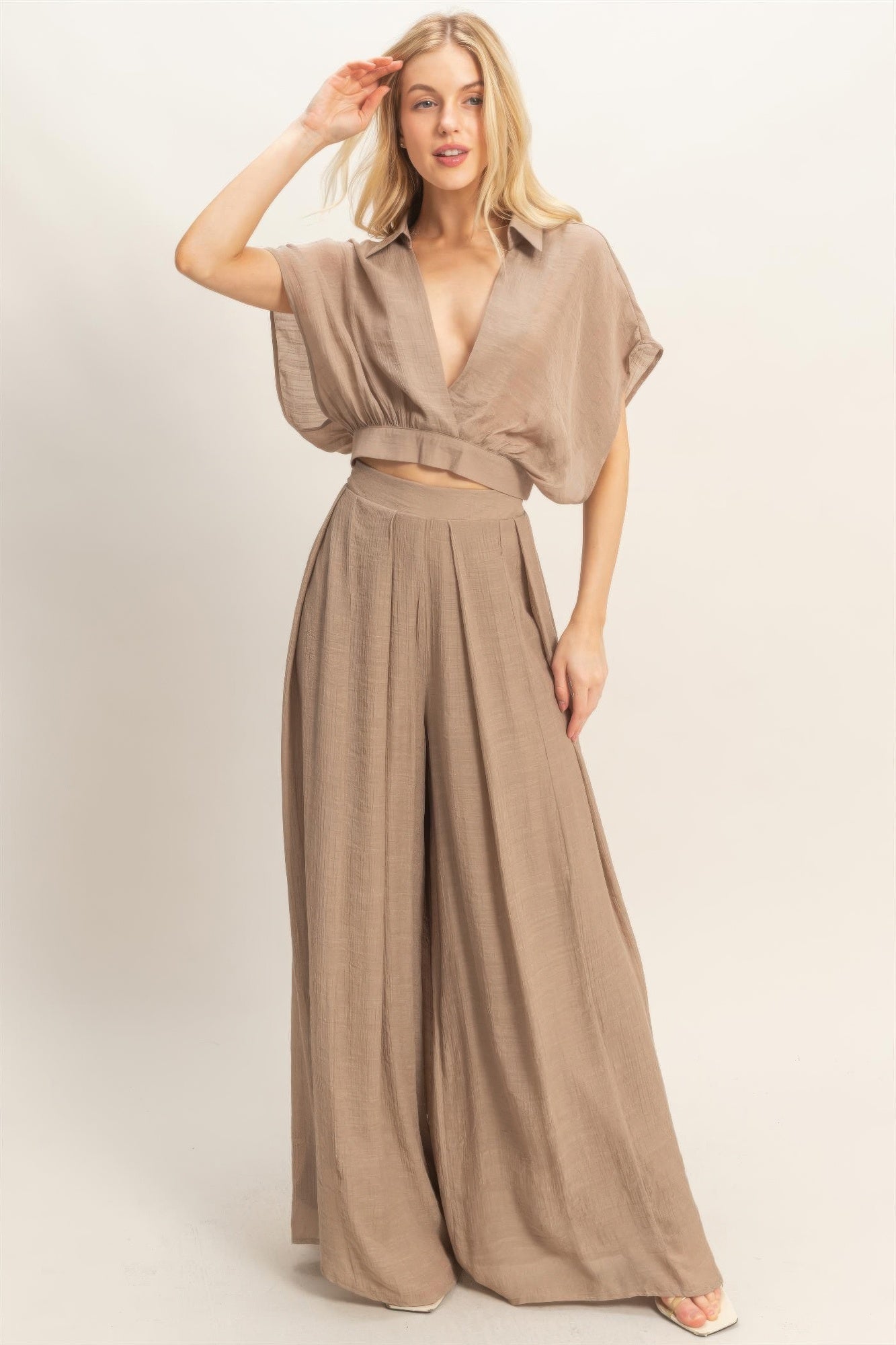 Collared Wrap Top & Wide-Leg Pants Set – Sets, minimalist style, quiet luxury aesthetic, modern essential – The Simple Co.